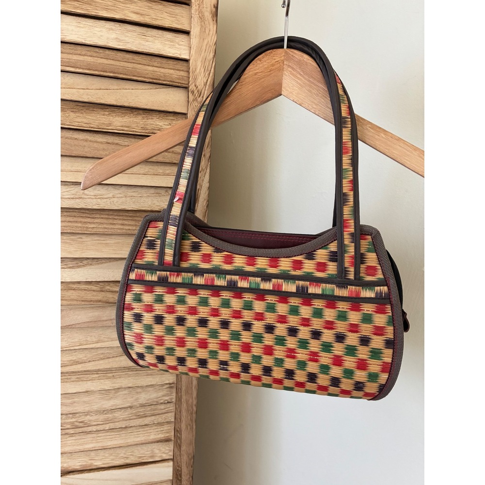 Tan Chau Long II Woven Vintage Straw Handbag Multi Color Checkered Shoulder Bag